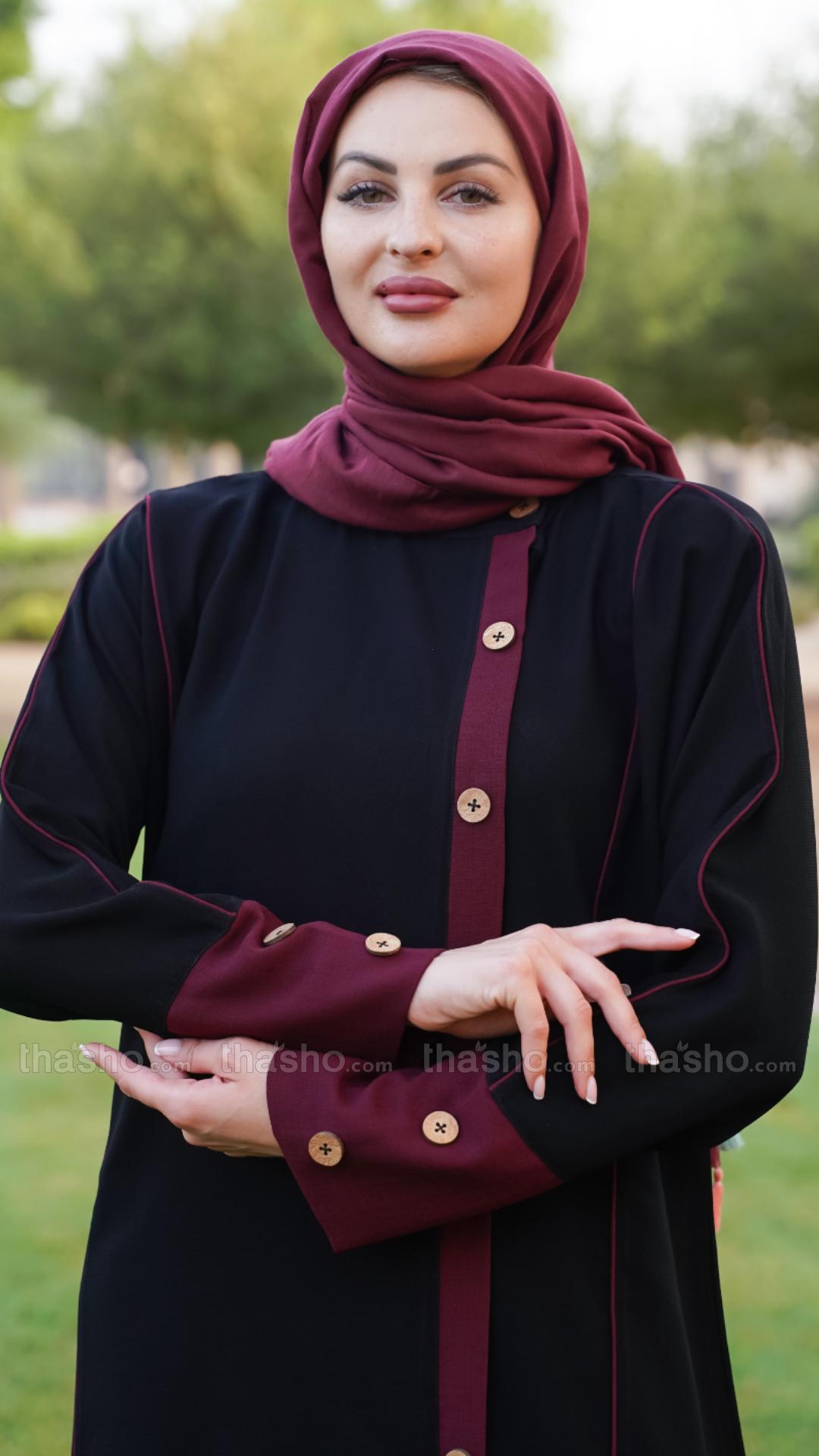 Stylish Black and Maroon Masha Crepe Abaya with Show Buttons and Piping on the Front and Sleeves