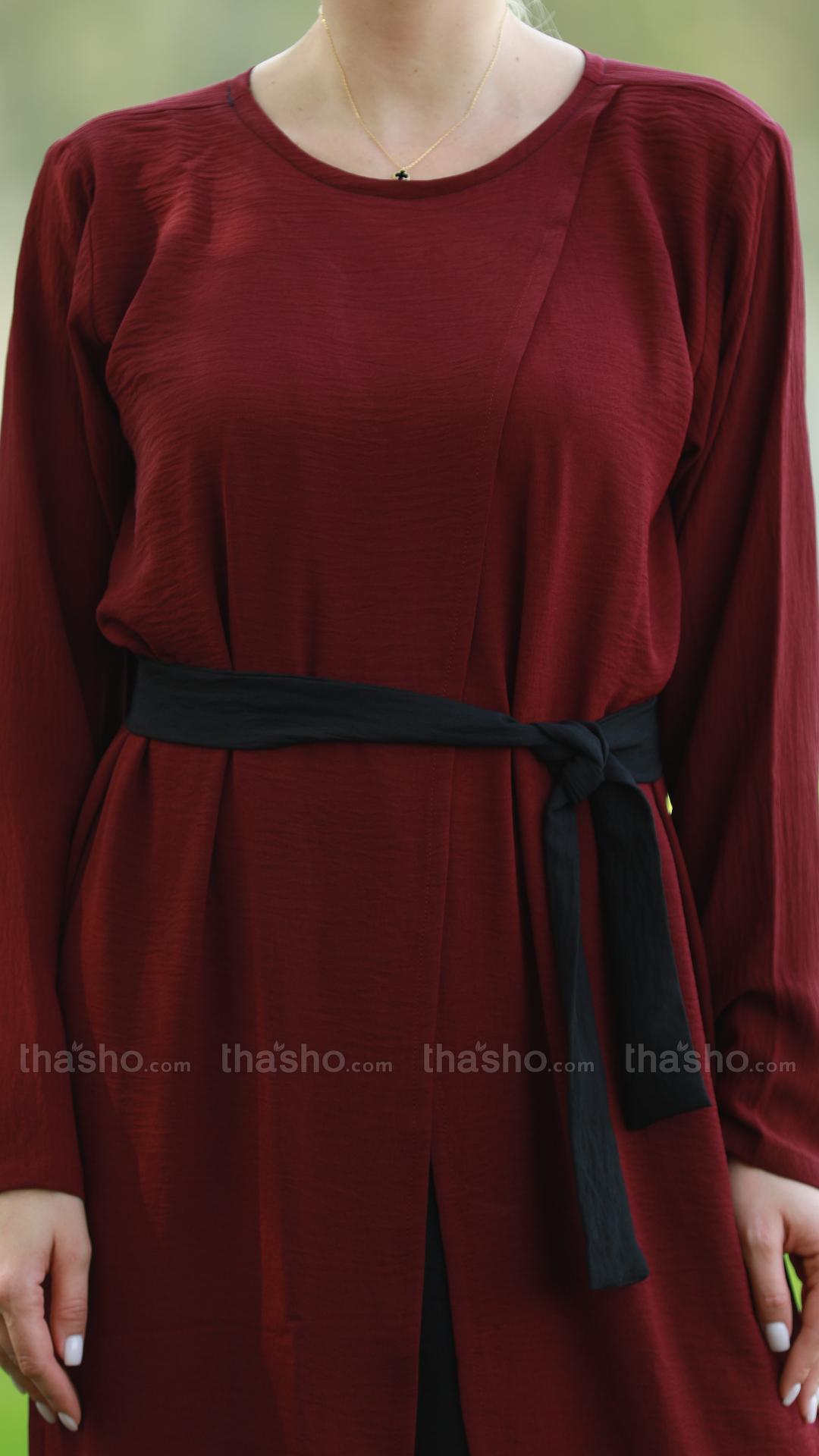 Maroon and Black Modest Dress with an Attached Shrug and a Belt