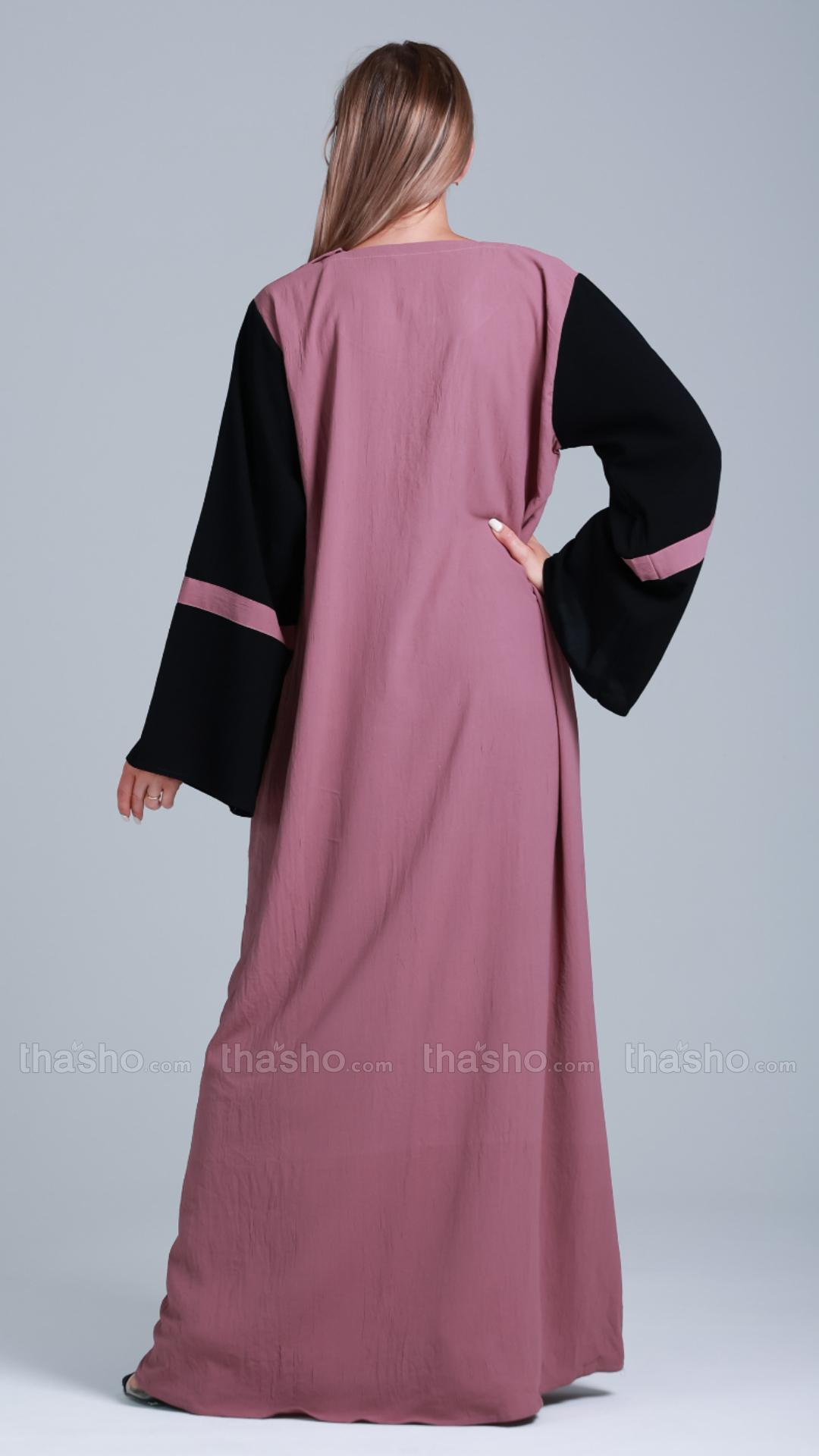 Dull Magenta Abaya with Black Show Buttons on the Front 