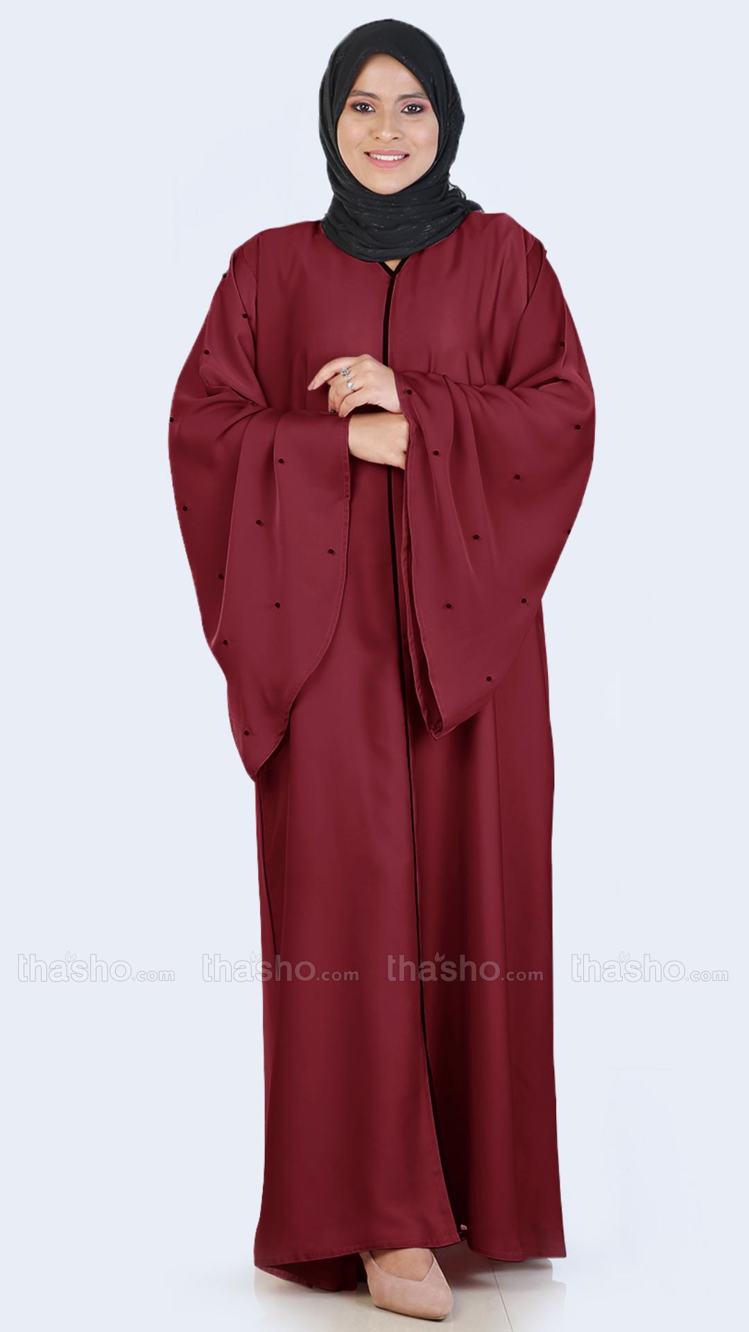 Maroon Simple Abaya with Pearl Work on the Sleeves 