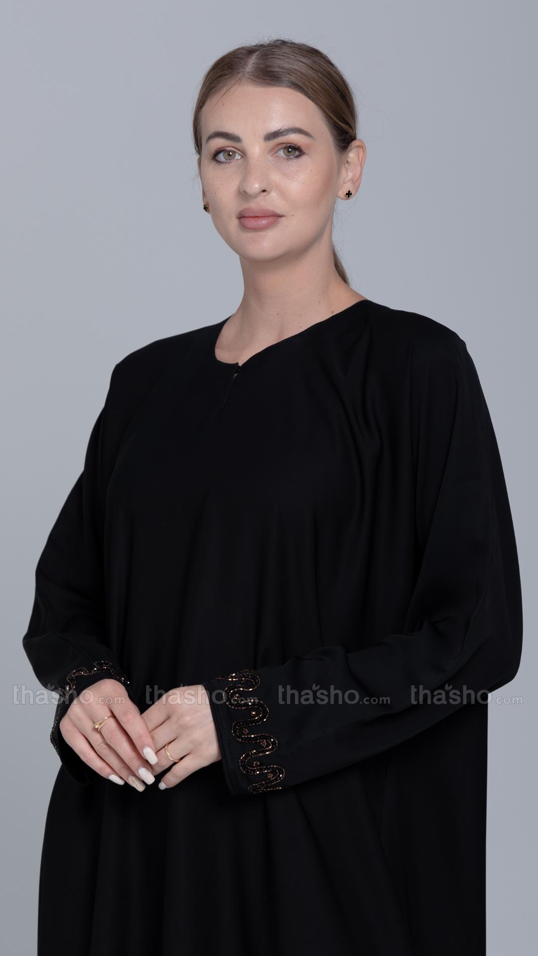 Back Nida Matte Abaya with Handwork on the Sleeves