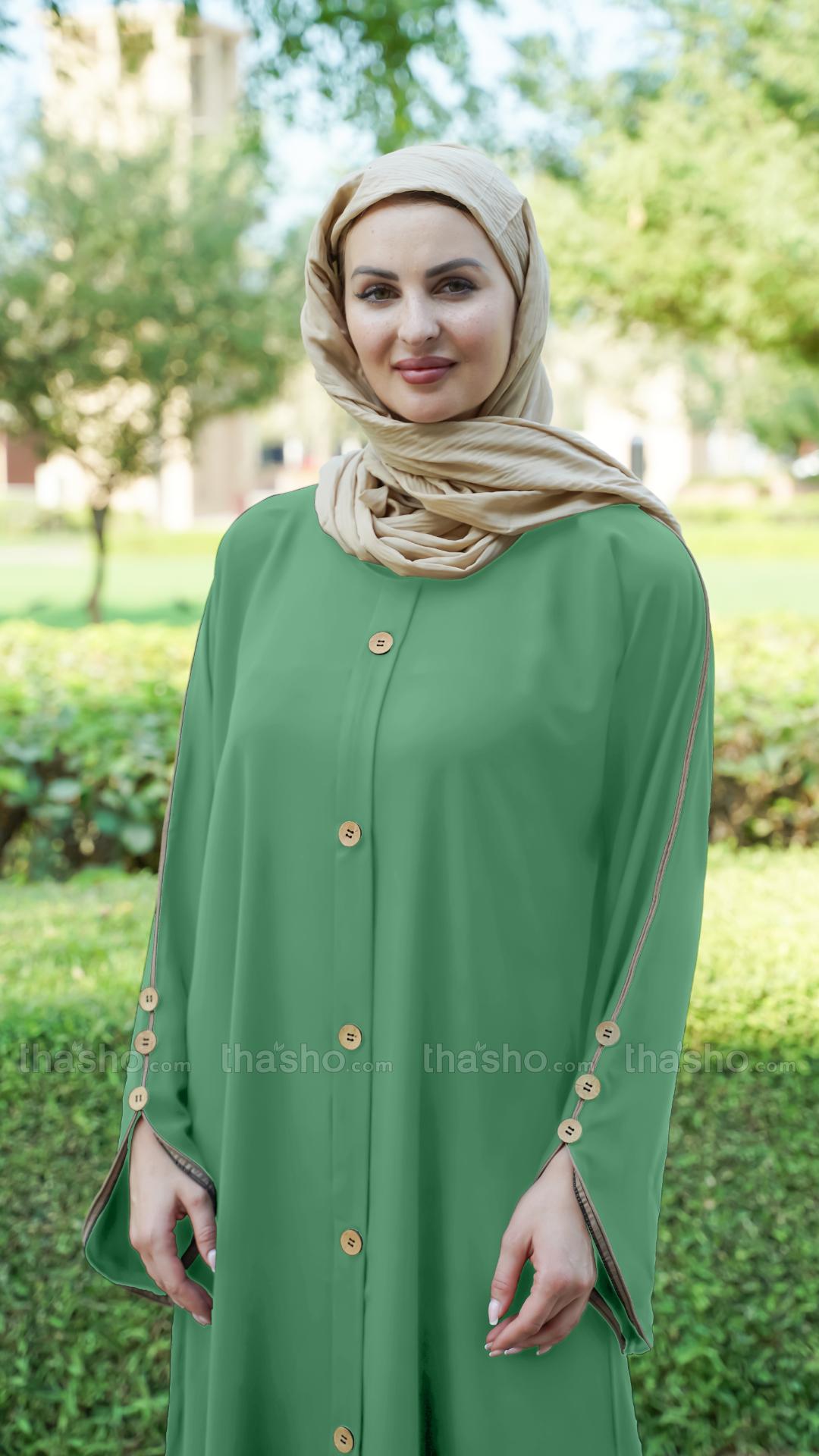 Mint CEY Abaya With Beige Piping And Show Buttons on the Front And Sleeves 