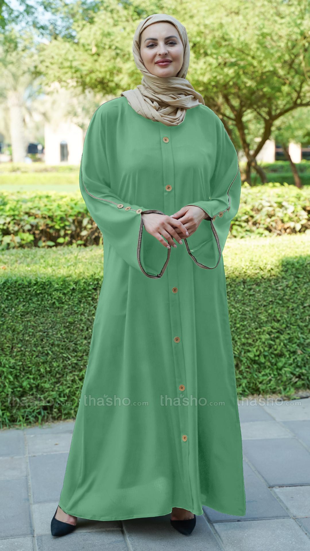 Mint CEY Abaya With Beige Piping And Show Buttons on the Front And Sleeves 