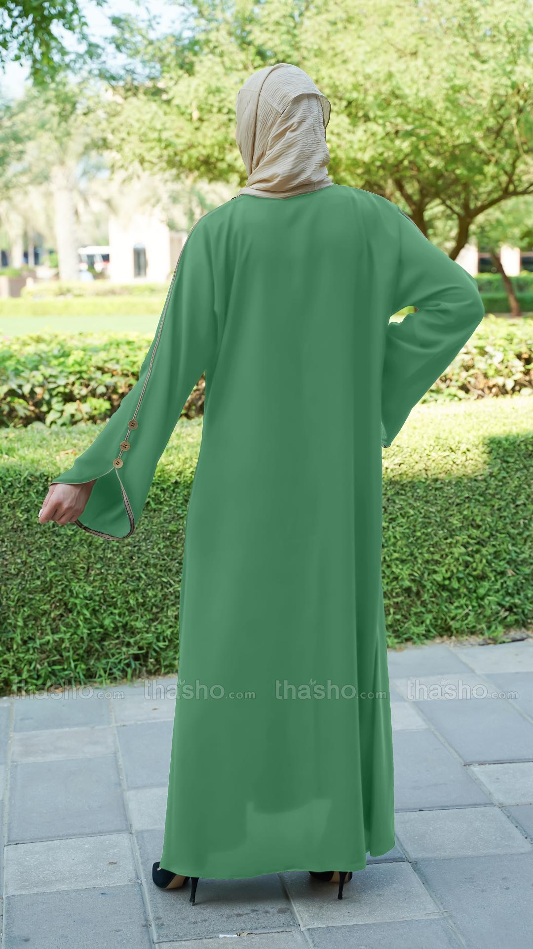 Mint CEY Abaya With Beige Piping And Show Buttons on the Front And Sleeves 