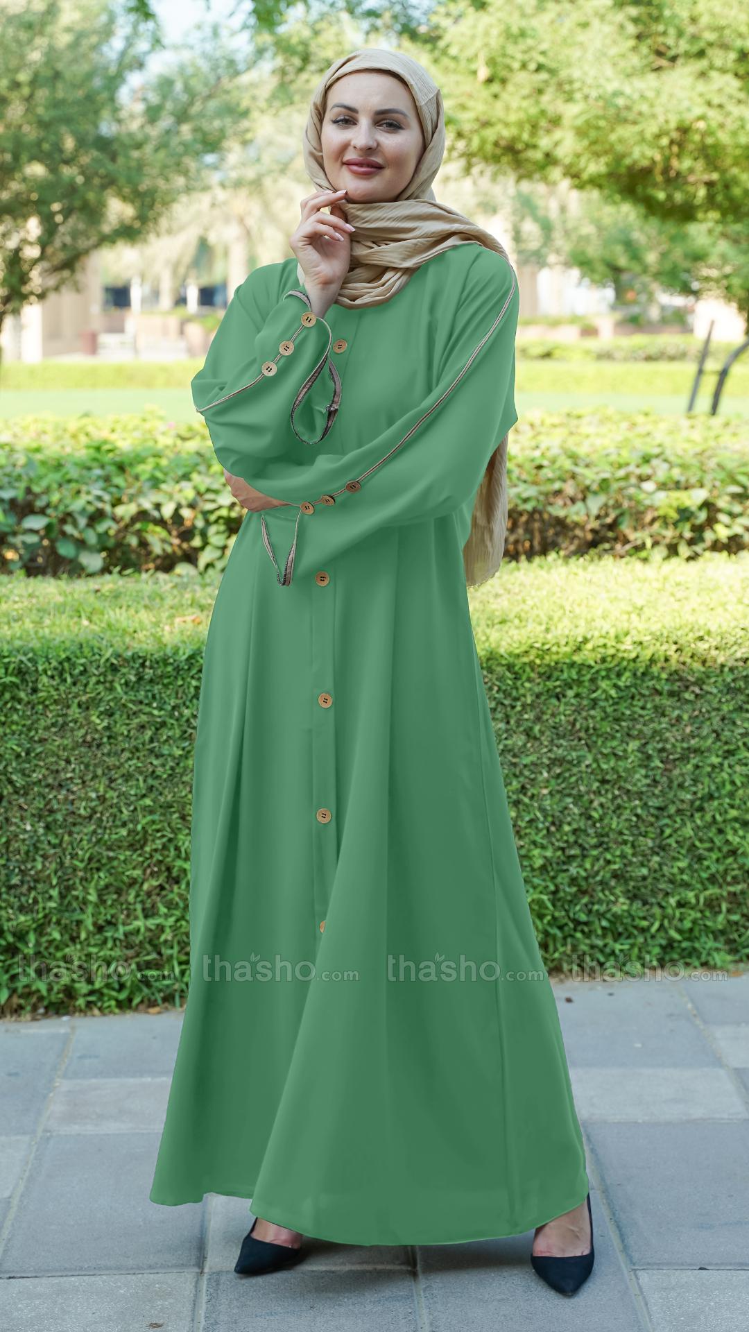 Mint CEY Abaya With Beige Piping And Show Buttons on the Front And Sleeves 