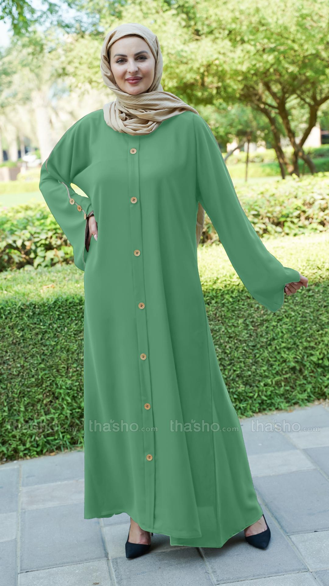 Mint CEY Abaya With Beige Piping And Show Buttons on the Front And Sleeves 