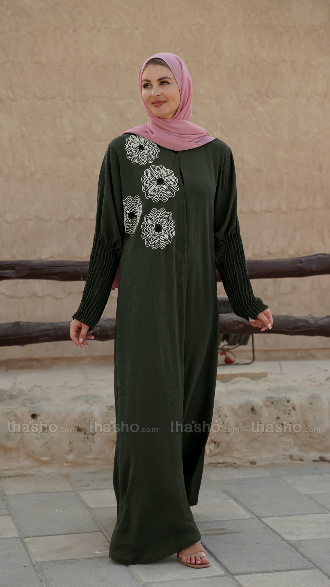 Olive Zoom Simple Front Open Abaya with Crystal Hand Work and Pleat Work on the Sleeves 
