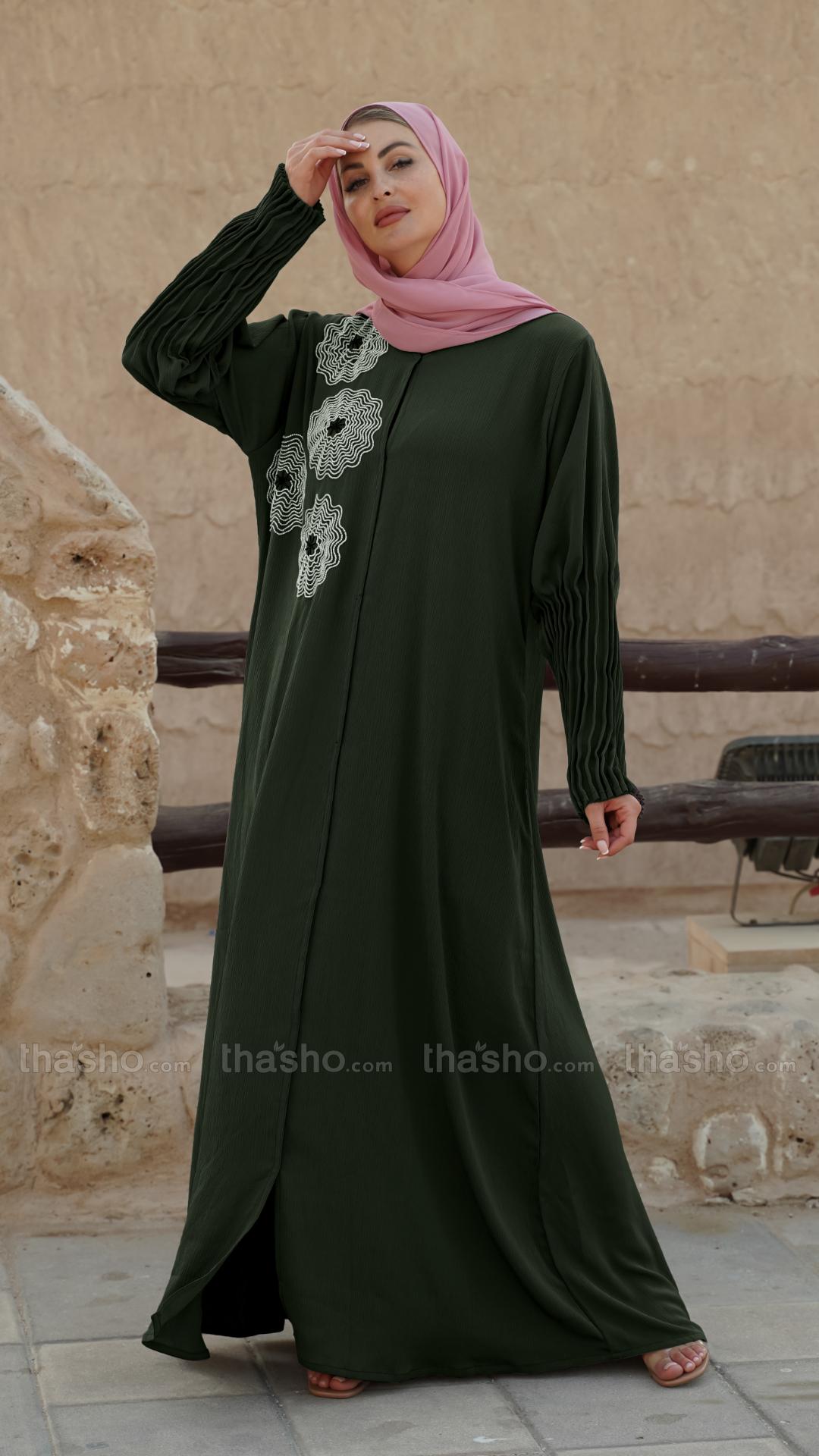 Olive Zoom Simple Front Open Abaya with Crystal Hand Work and Pleat Work on the Sleeves 