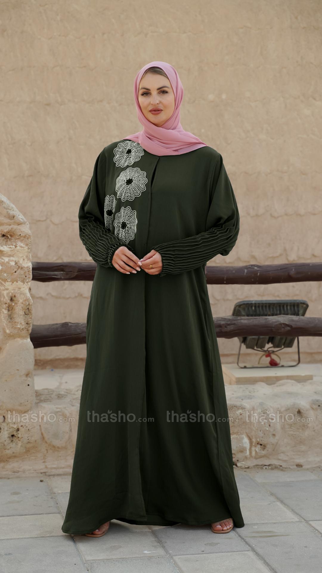 Olive Zoom Simple Front Open Abaya with Crystal Hand Work and Pleat Work on the Sleeves 