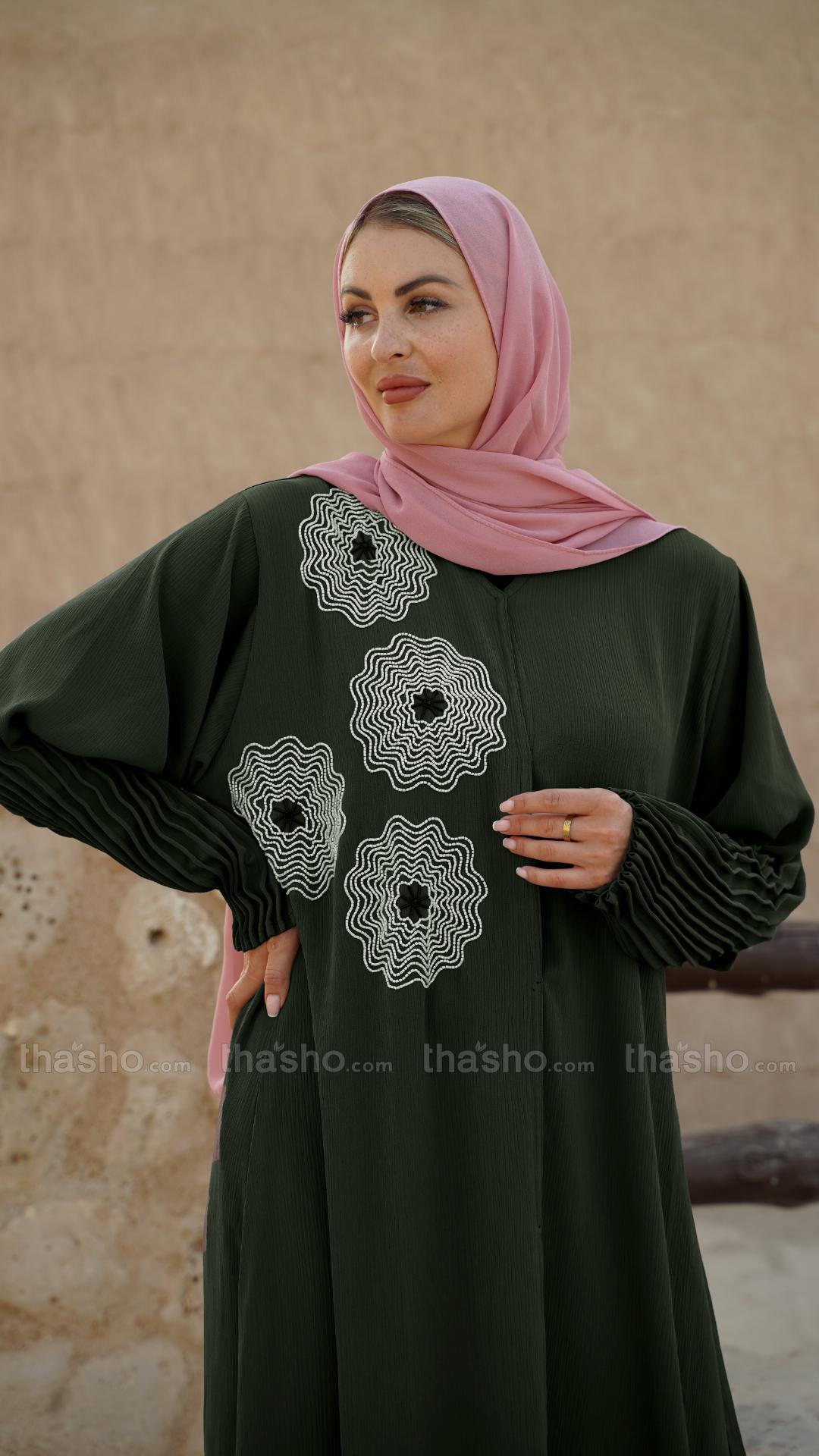 Olive Zoom Simple Front Open Abaya with Crystal Hand Work and Pleat Work on the Sleeves 