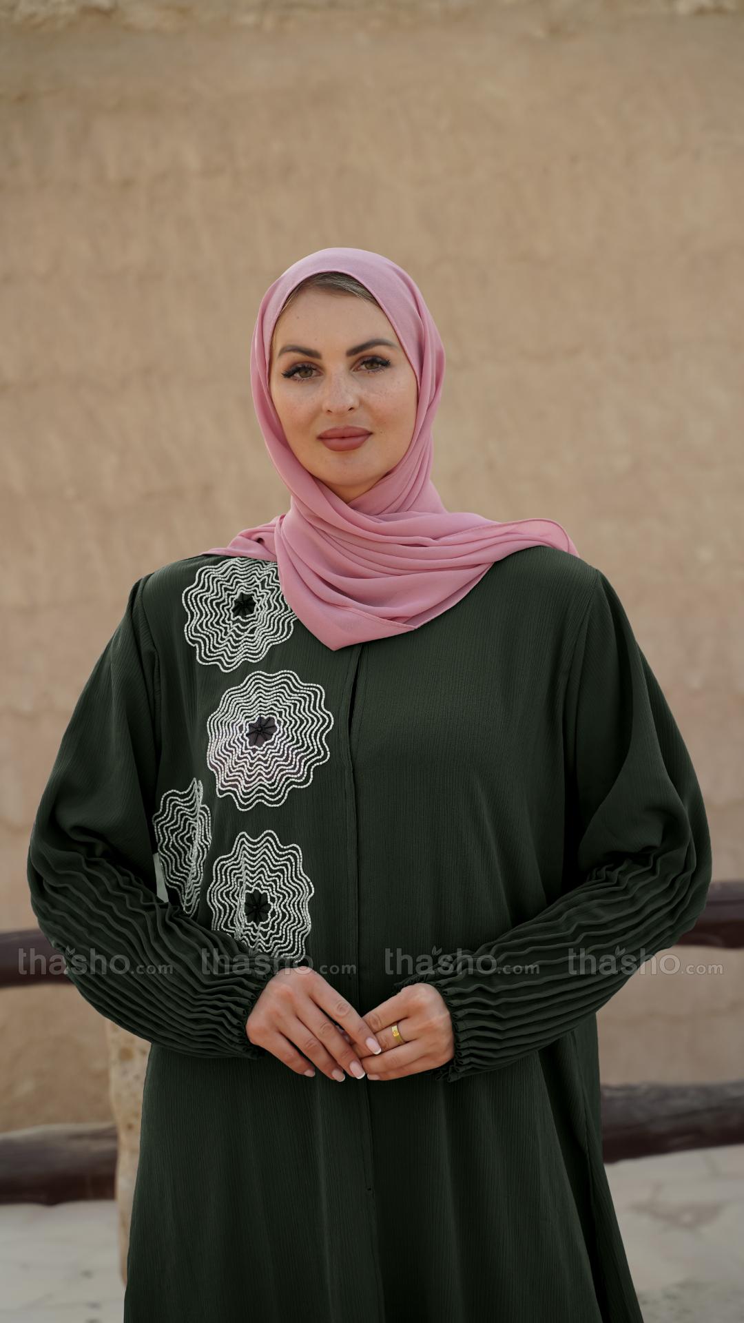 Olive Zoom Simple Front Open Abaya with Crystal Hand Work and Pleat Work on the Sleeves 