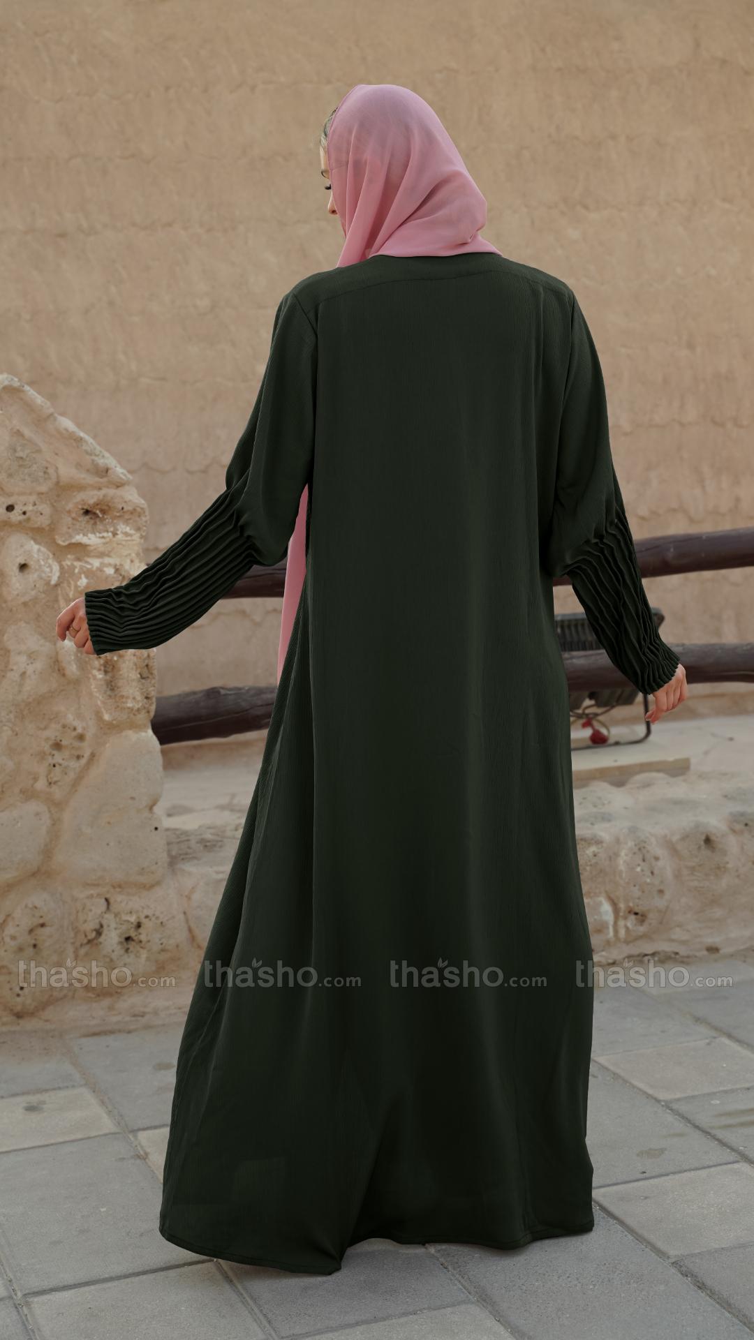 Olive Zoom Simple Front Open Abaya with Crystal Hand Work and Pleat Work on the Sleeves 